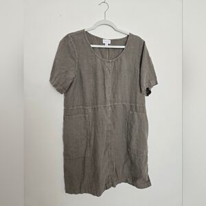 Pure Jill Olive Green Short Sleeve Linen Dress with Pockets | Large Petite
